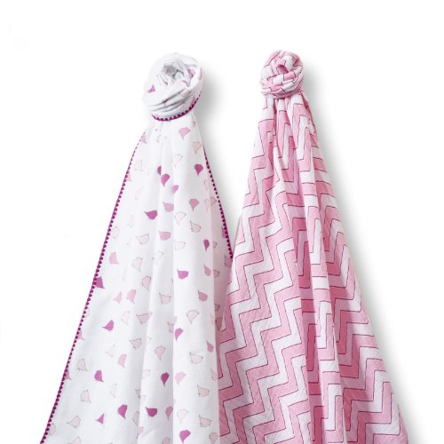 SwaddleDesigns SwaddleDuo, Set of 2 Swaddling Blankets, Cotton Muslin + Premium Cotton Flannel, Pink Chic Chevron Duo