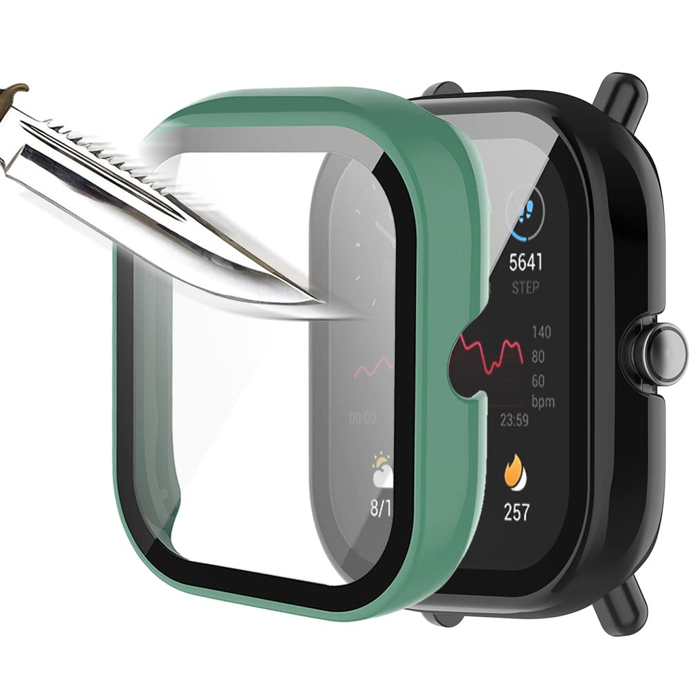 Msiall Tempered Glass Screen Protector Protective Case Compatible with Amazfit Bip UAmazfit Bip U Pro, Hard PC AllRound Screen Protector Ultra Thin BubbleFree Against Scratches Green Black [Pack