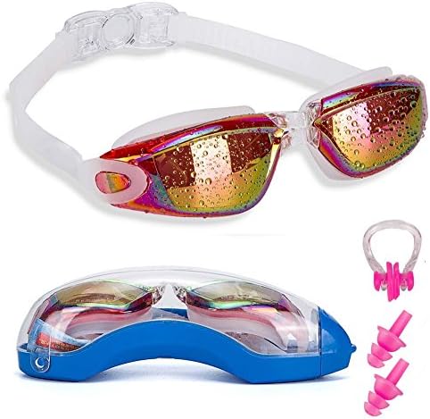 Swim Goggles with Nose Clip + Ear Plugs + Case, Clear No Leaking Anti Fog UV Protection Triathlon Swimming Glasses for Adult Men Women Youth Kids Child, Purple