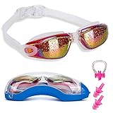 Swim Goggles with Nose Clip + Ear Plugs + Case, Clear No Leaking Anti Fog UV Protection Triathlon Swimming Glasses for Adult Men Women Youth Kids Child, Purple