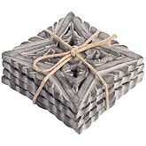 Farmhouse Decor Wood Coasters for Drinks - Kitchen Table Drink Coaster Set of 4 (Square Carved Flower Grey)