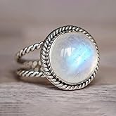 Mnyixsi Oval Shaped Natural Gemstone Solitaire Rings for Women, 925 Silver Plated Birthstone Ring Jewelry Women's Day Gifts Moonstone Ring Rainbow Moonstone Rings for Women Size 10