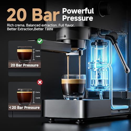 AMZCHEF 20-Bar-Professional-Espresso-Machine, 1350W Coffee Machine with Milk Frother, Flexible Brewing Options, Compact Espresso Machine for Cappuccino, Latte, Black