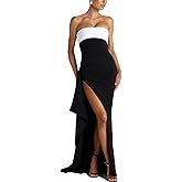 Yeenily Women Summer Tube Top Dress Contrast Binding Bodycon Sexy Strapless Maxi Dress Ruffle High Slit Long Cocktail Dresses