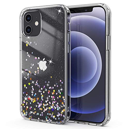 ULAK Clear Glitter Case Compatible with iPhone 12 Pro, iPhone 12 Sparkle Hard Back Cover + Soft TPU Bumper Women Girls Shockproof Protective Phone Case Designed for iPhone 12/12 Pro 6.1 inch, Star