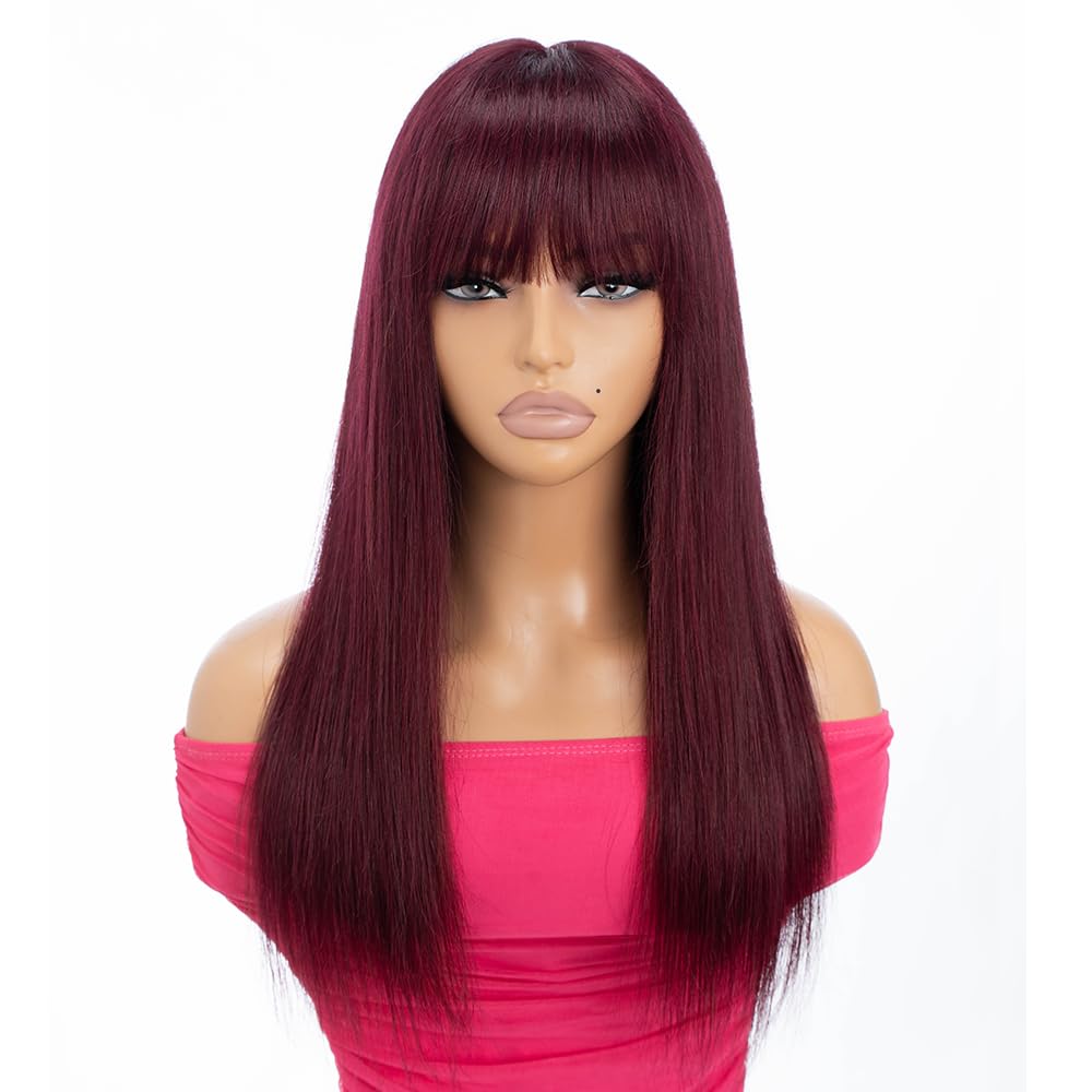 Rebecca Fashion Burgundy Straight Wig with Bangs Human Hair Silky Straight Bang Glueless Minimalist 2.75x1 Lace Scalp Wig for Women Brazilian Remy Hair 18 Inch