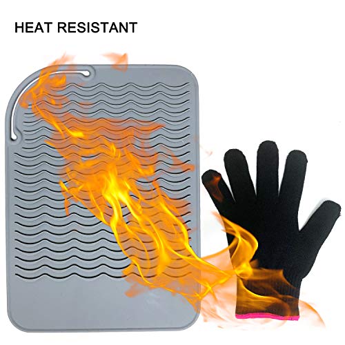 Heat Resistant Mat Pad and Heat Resistant Glove for Curling Irons, Hair Straightener, Flat Irons and Hair Styling Tools 9" x 6.5", Food Grade Silicone, Gray