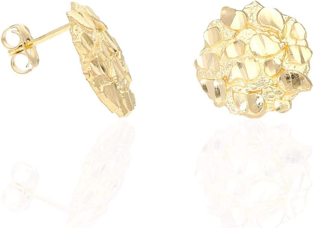 10K Solid Yellow Gold Round Nugget Pushback Stud Earrings