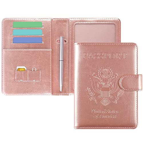 DMLuna Passport Holder Premium PU Leather Travel Passport Wallet RFID Blocking Passport Cover Case Travel Documents Organizer with Magnetic Closure, Free Mini Pen, for Women and Men, Rose Gold R64