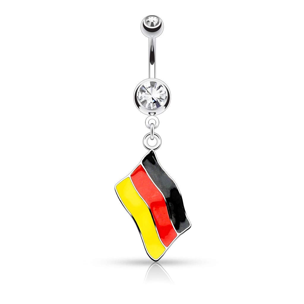 PiercedOff 316L Surgical Steel Belly Bar with German Flag Dangle - Thickness 14GA (1.6mm) Length 10mm / Top Ball 5mm and Lower Ball 8mm / Flag Dangle Size 23mm x 15mm