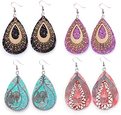 4 Pairs Leather Teardrop Earring Lightweight Leaf Drop Bohemian Hollow Earrings For Women Girl