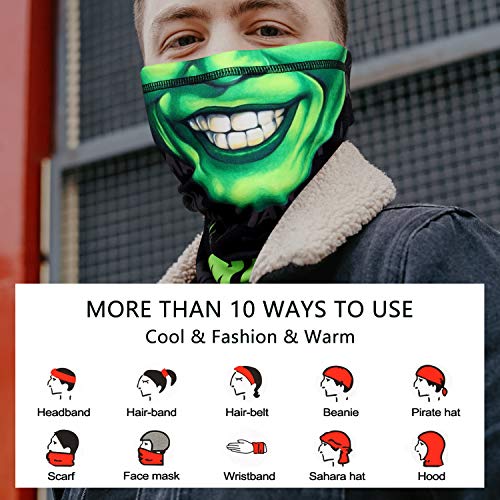 Skull Face Scarf Breathable Magic Neck Gaiter 3D Print Face Cover for Men/Women, Face-Green