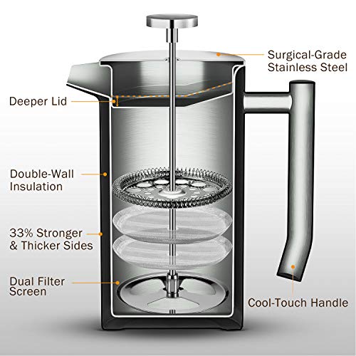 Veken French Press Coffee Maker, DoubleWall 304 Stainless Steel Coffee