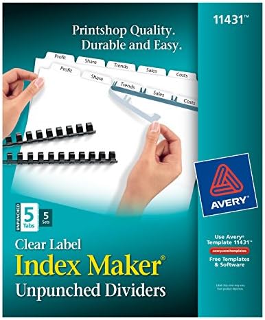 Avery 5 Tab Unpunched Dividers for Use with Any Binding System, Easy Print & Apply Clear Label Strip, Index Maker Customizable White Tabs, 5 Sets (11431)