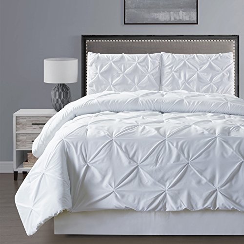 Grand Linen 3 Piece Solid White Pinch Pleat Duvet Cover Set King Size