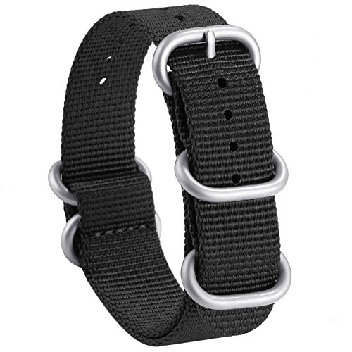 Adebeda Nato Strap 22mm Nylon Watch Bands Replacement Straps with 5 Rings Silver Stainless Steel Buckle Black