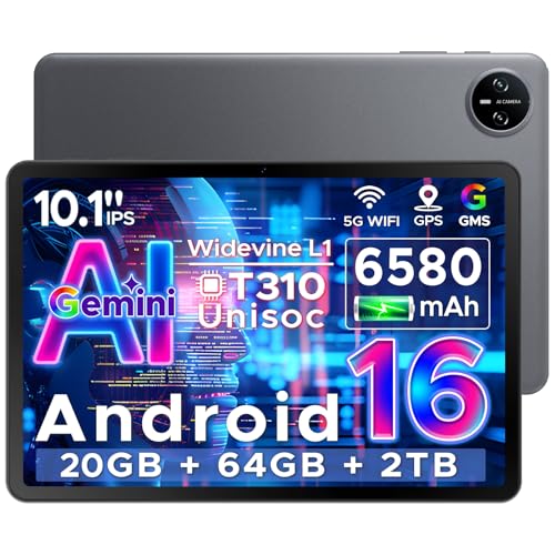 Tab A9 Android 16 Tablet 10 Inch Gemi AI, Unisoc T310, Kids Tablet 6580mAh, 20GB RAM/64GB ROM, 8MP Main Camera, Tablets Dual Speakers, Bluetooth 5.0, OTG, Jack 3.5mm, Face ID