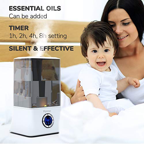 PONNYC Cool Mist Humidifier - Ultrasonic Humidifier for Home, Office, Baby, Bedroom - Essential Oils Diffuser - Premium Air Humidifier, Whisper-Quiet, Large Capacity 1.2 Gal