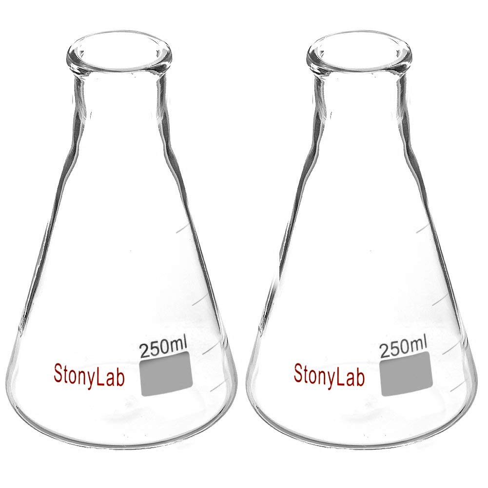 stonylab 2-Pack Glass 250ml Heavy Wall Narrow Mouth Erlenmeyer Flasks with Heavy Duty Rim (250ml Fits with stonylab 6# Rubber Stopper)