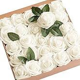 Ling's moment Artificial Flowers 25Pcs Ivory Roses Decor w/Stems,3" Real Touch DIY Foam Floral for Wedding Bouquet/Centerpieces, Outdoors Party Backdrop, Room/Table, and Garden/Pot Decorations