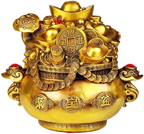 CFJKN Feng Shui Sculpture Decor, Brass Golden Ingot/Yuan Bao Treasure Basin Wealth Prosperity Statues Sculptures Best Decoration for Office Or Home,Gold_30x30x26cm