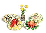 Dollhouse Miniature Food Thanksgiving Family Dinner Set of 5 (4 Plates with Daffodil in a Glass Vase) Premium Quality Unique Handcrafted Ceramic Tiny Fake Food 1:6 Scale Doll Figure Barbie-Sized Food