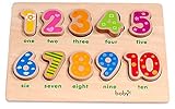Classic Numbers Solid Wooden Puzzle for Toddlers, Preschool Age w/ Colorful Wood Pieces & Shape Cut-Outs in Board. Simple Educational & Sensory Learning for 1, 2 & 3 Year Olds