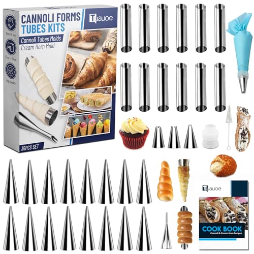 Tuauoe Cream Horn Molds for Baking, 35pcs Cannoli Tubes Molds, Non-stick Stainless Steel 16pcs Cone Shaped and 12pcs Tubular Shaped Cannoli Forms for Danish Pastry Lady Lock Form Cream Roll Croissant