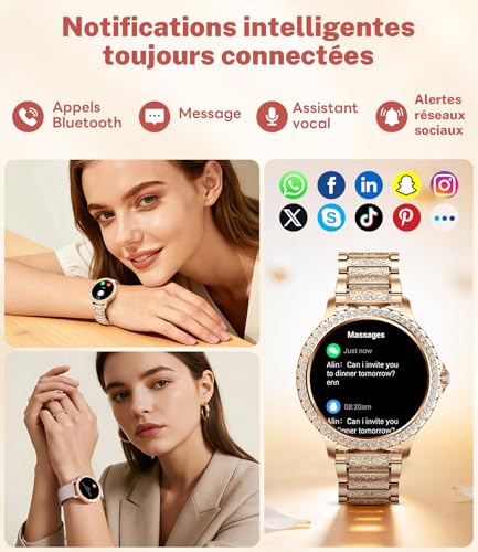 LIGE Women's Smart Watch with Bluetooth Calling, 1.32 Inch Diamond Waterproof Women's Smartwatch with 110+ Sports Modes Pedometer Sleep for iOS and Android, 500+ Dial, Rose Gold Stainless Steel
