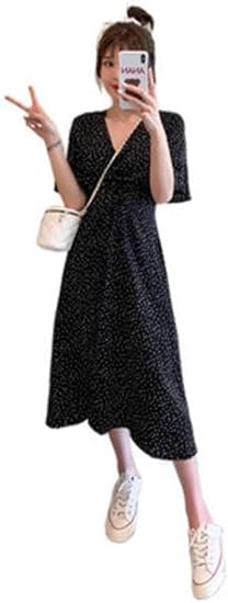 Amazon Co Jp Ellteシフォンワンピース レディース 黒ワンピ ｖネック ドレス 韓国ワンピ マキシスリム 夏 ドレス ボリューム きれいめ 大振り子 レースワンピース チュニック 可愛い 服 ファッション小物