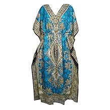 Mogul Interior Women's Maxi Caftan Dress Blue Printed Kimono Kaftan One Size