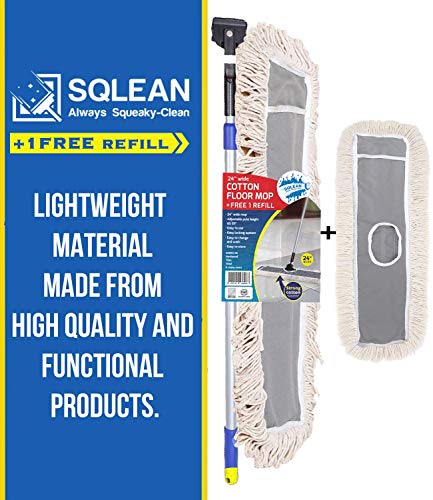 SQCLEAN Premium 24-inch Industrial Class Cotton Wide Dust Mop Head (24" x 11") with 1 Refill | For Home, Office, Garage | Attracts Dirt, Dust, Water