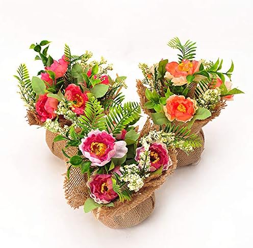 BEGONDIS Set of 3 Artificial Flowers with Flax Bag, Fake Silk Flowers Arrangement for Home Office Restaurant Party Table Centerpieces Windowsill Decoration, for Mother Birthday Valentine's Day