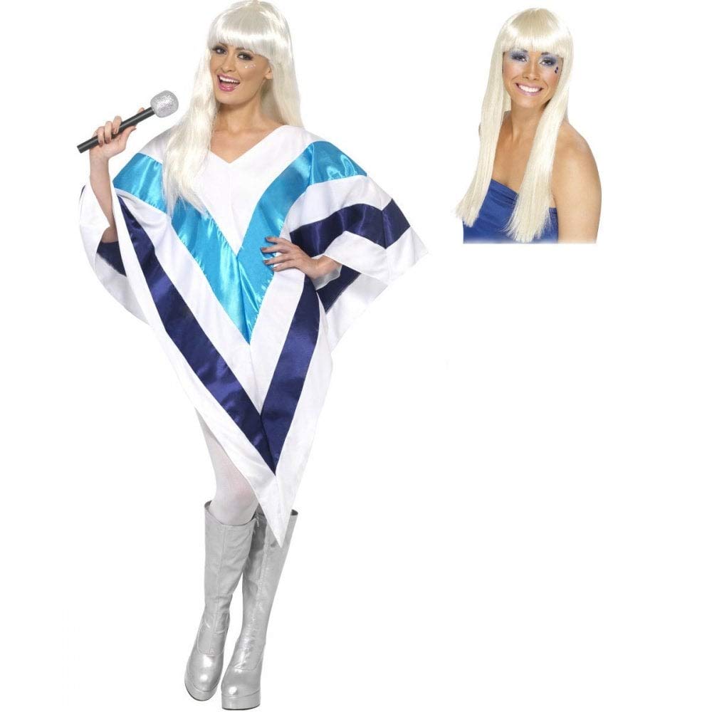 Ladies Super Trooper 70s Poncho Costume + Wig Adult Fancy Dress