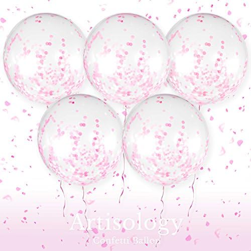 Artisology Pink 36" Round Confetti Balloons | 5 PACK | Perfect for Gold birthday party or celebration like baby shower, princess birthday party, gender reveal, or weddings (MORE PHOTOS INSIDE)