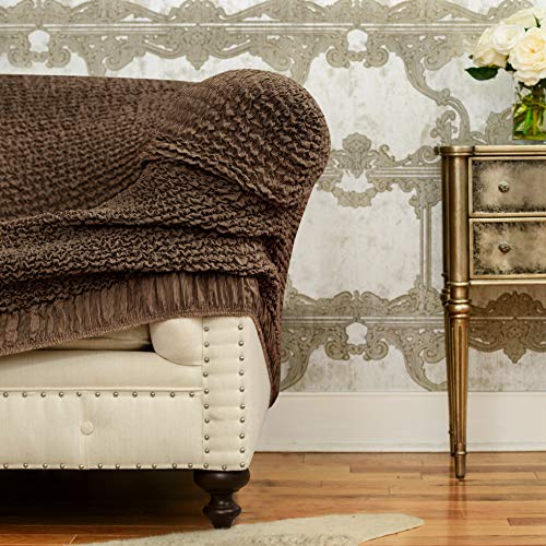 Sectional Sofa Cover - Corner Couch Cover - Corner Slipcover - Cotton Fabric Slipcovers - 1-piece Form Fit Stretch Furniture Slipcover - Mille Righe Collection - Camel (Corner Sofa)