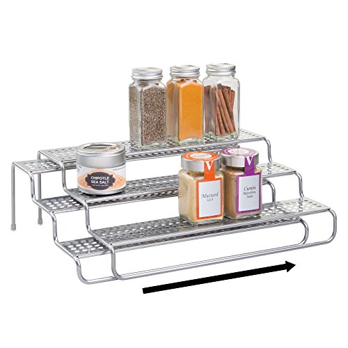 mDesign Adjustable, Expandable Kitchen Cabinet, Pantry, Shelf Organizer/Spice Rack - 3 Level Storage - Up to 25" Wide, Pack of 2, Silver Finish - Thumbnail 3