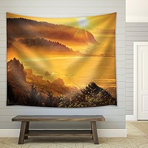 California Coastal Sunset. Shoreline Between Crescent City - Fabric Wall Tapestry Home Decor - 51x60 inches