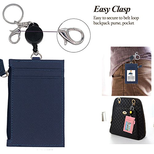 Badge Holder with Zipper,Boarding Pass Holder,2-Sided PU Leather ID Badge Holder with Retractable Badge Reel & Easy Clasp Keychain,1 ID Window 4 Card Slots 1 Zipper Pocket, 17.8” Neck Lanyard (Blue)
