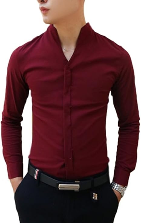 Amazon Youchan ヨウチャン シャツ メンズ Vネック スリム お兄系 ビター系 タイト イン アウト 無地 長袖 トップス Xl ワインレッド シャツ 通販