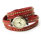 Fashion Rivet Weave Wrap Around Leather Retro Bracelet Woman Wrist Watch Dark Red