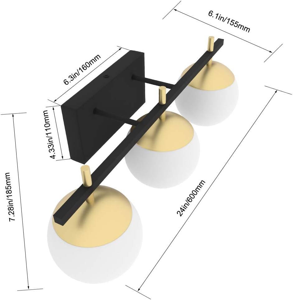 Ralbay Mid Century Modern Bathroom Vanity Lights 3-Light Milky Glass Modern Bathroom Vanity Lights Over Mirror, Black/Golden Wall Light Fixture for Bathroom (Exclude Bulb) - - 