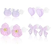 Plastic Earrings, KMEOSCH 4 Pairs Cute Lightweight Plastic Earrings for Sensitive Ears Surgery, Peach Flower Bear Bowtie