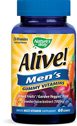 Alive! Men's Gummy Vitamin, Complete Multi-Vitamin Supplement with Orchard Fruits / Garden Veggies blend of powder/juice/extract, 60 Gummies. Alive! Men's Gummy Vitamin, Complete Multi-Vitamin Supplement with Orchard Fruits / Garden Veggies blend of powder/juice/extract, 60 Gummies.