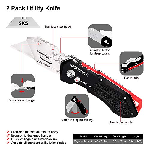 Box Cutters Utility Knives 2Pack, RegerKnife Carpet Razor Knife Heavy Duty with Belt Clip, Lock Back Design, Quick Change Blades, Extra 5 Blades for Cutting Cardboard, Leather, Aluminum, PVC Sheet