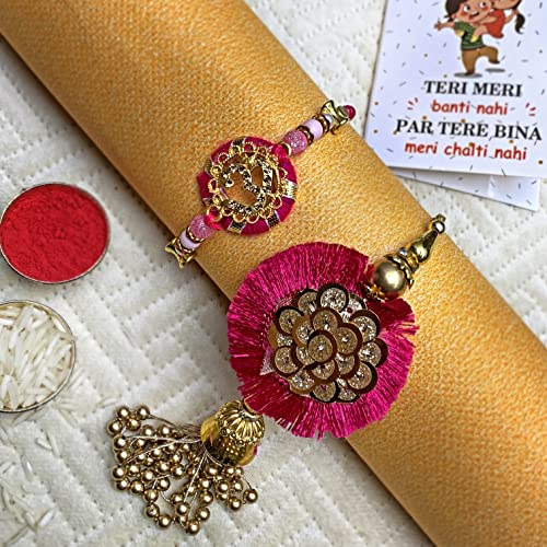 CraftVatika Rakhi Combo Set For Brother And Bhabhi Premium Lumba Floral Rakhi Kundan Bracelet For Bhaiya Men Bhabhi Women Raksha Bandhan Couple Pearl Set Of 2 For Unisex Adult
