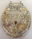 Elongated Clear Seashell and Seahorse Resin Toilet Seat, Chrome Hinges