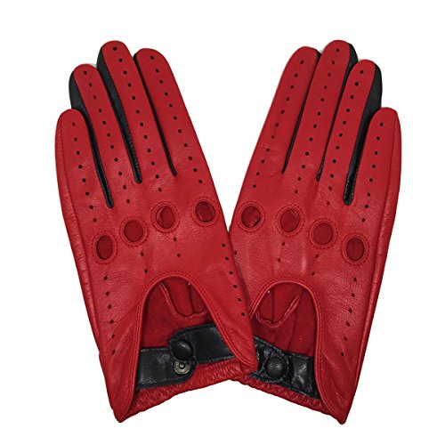 MATSU Classic Women Driving Lambskin Unlined Thin Leather Gloves Open Back M9237 (M, Red+Black-9507)