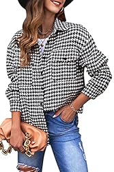 Womens Houndstooth Shacket Jacket Fall Long Sleeve