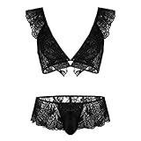 FEESHOW Men's Lace Bra and G String Thong Sissy Pouch Crossdress Underwear (Medium, Black B)